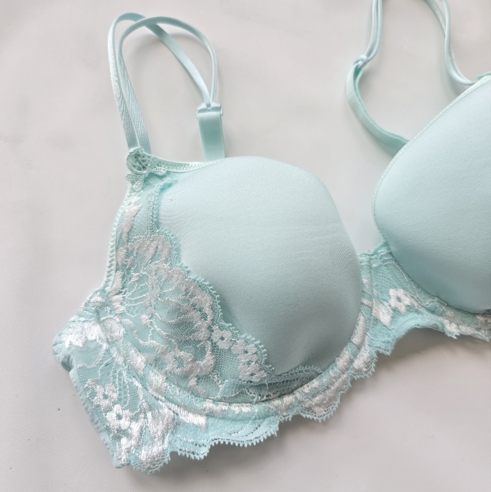 new Simone Perele Amour Plunge Underwire Bra Moulded Cups Blue Lace Size 32D - Picture 3 of 13